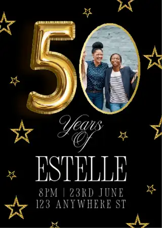 Black & Gold Glamorous Photo Balloon Stars 50th Birthday Party Invitation